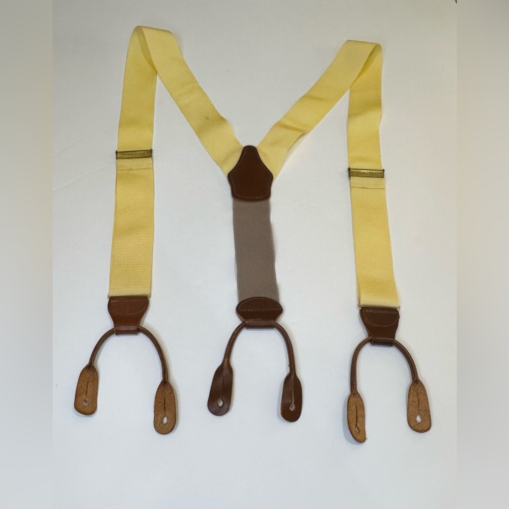 🌟2xHP🌟VTG 1980s-90s Dooney & Bourke Yellow Silk Leather Suspenders Braces Button - Picture 3 of 9